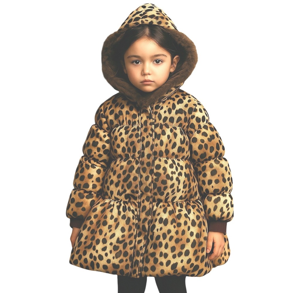 Lands End Kids Streetwear Leopard Print Hooded‎ Puffer Coat Faux Fur Trim L 14